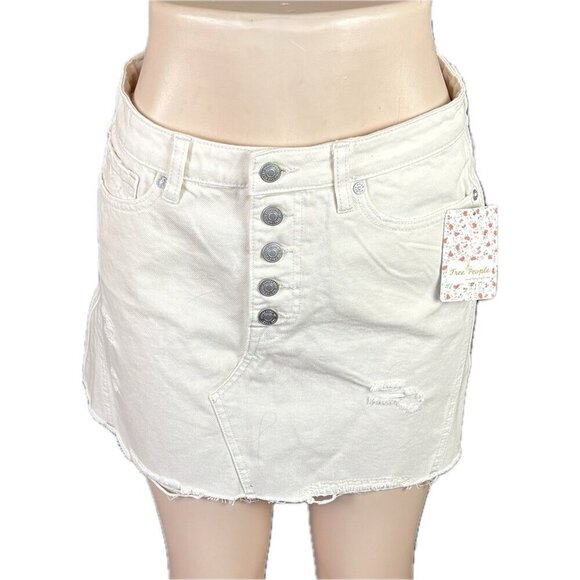 Free People 29 Cream Distressed Button Fly 5 Pocket Cotton Mini Jean Skirt - Picture 2 of 6